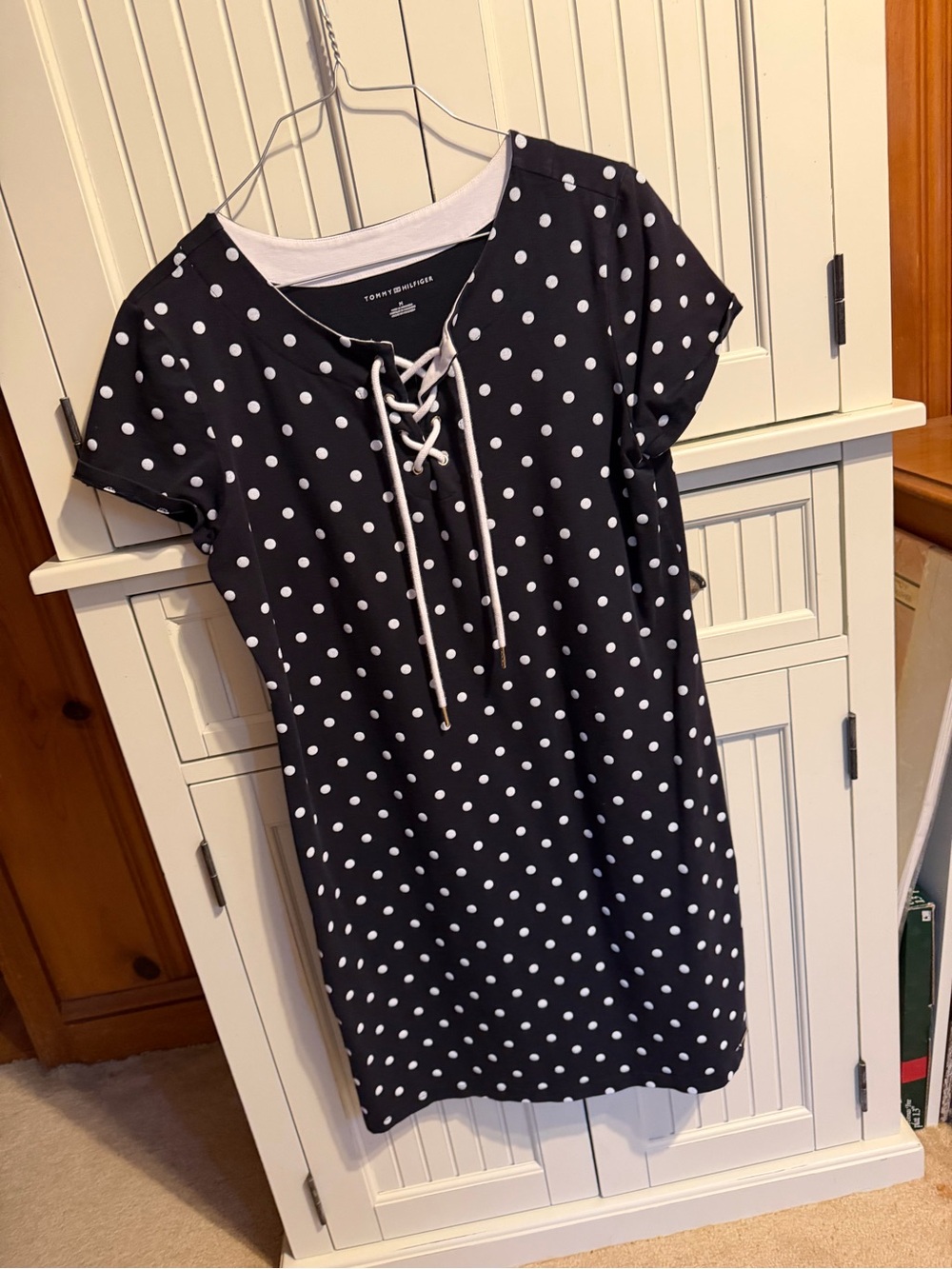 Tommy Hilfiger Navy and White Polka Dot Lace-Up Top